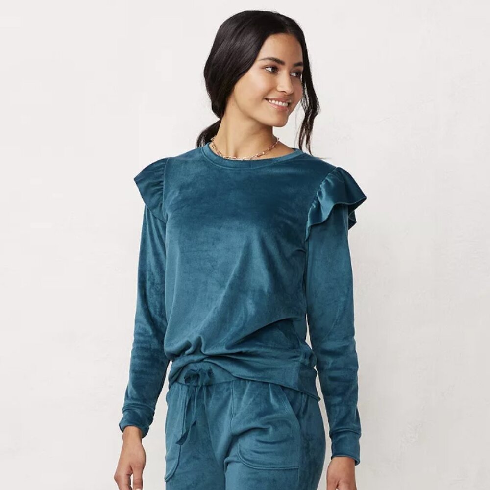 LC Lauren Conrad Sweatshirt size XL Blue Ruffle‎ Velour Stretch Comfy Loungewear